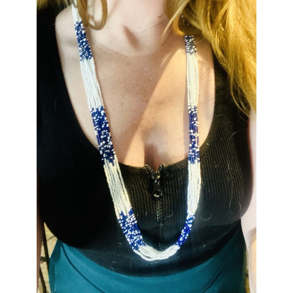 Vintage 80s Multi Strand Seed Bead Necklace Cobalt Blue White Boho Nautical 24"